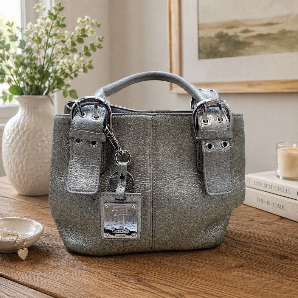 Tignanello Metallic Silver Pebbled Leather Lrg Buckle Satchel Handbag Womens Bag